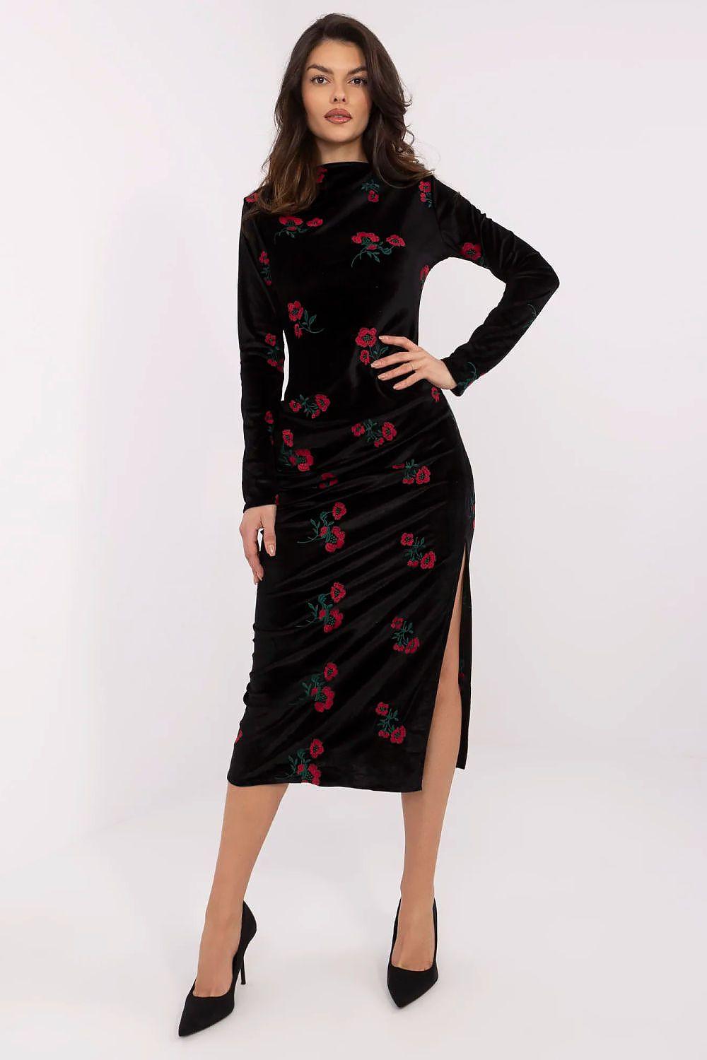 Lakerta black evening dress with red floral embroidery, long sleeves, high neck, side slit