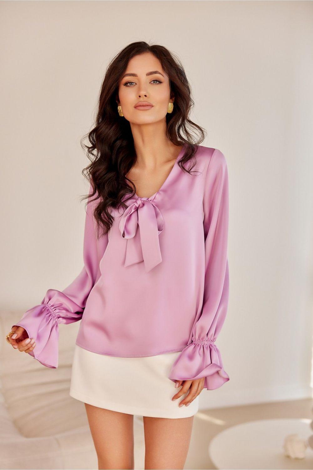 Violet satin blouse with neck tie and long puff sleeves, gathered cuffs