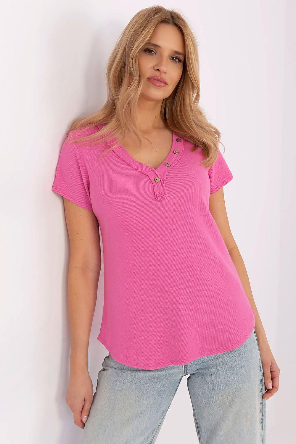 Pink ribbed V-neck button-front blouse, short sleeves with button placket