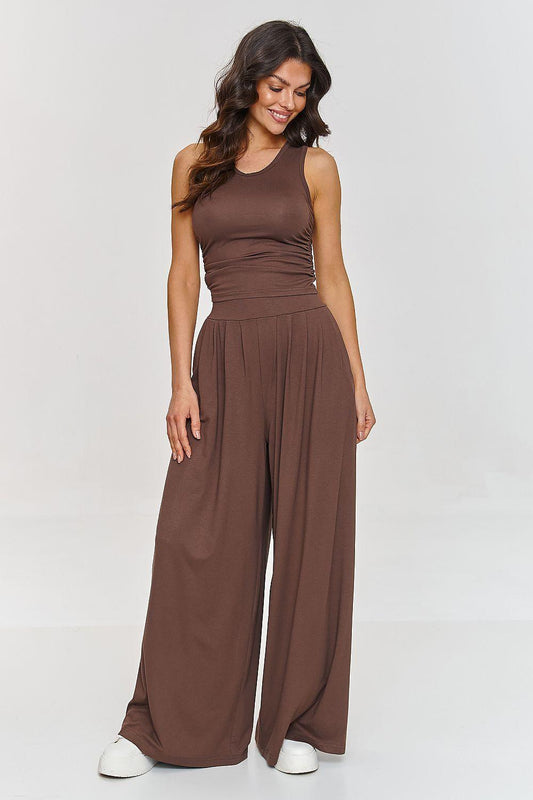Sleeveless wide-leg jumpsuit set, dark brown with scoop neckline and gathered waist