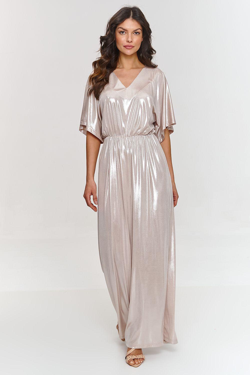 Metallic beige V-neck maxi dress with short sleeves and flowing skirt