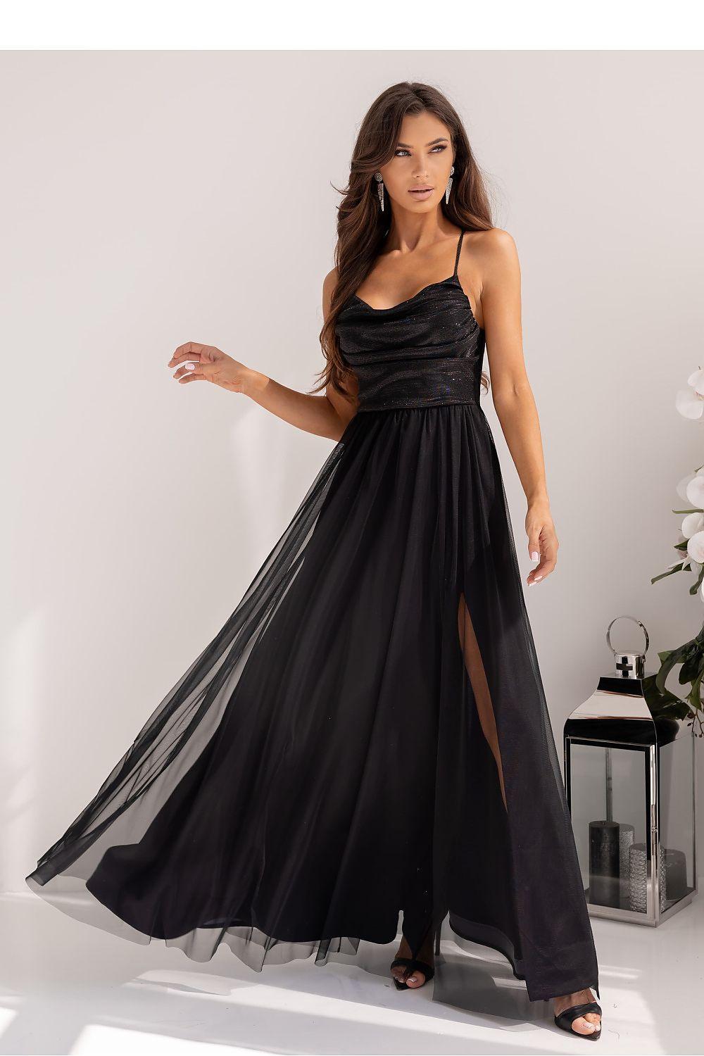 Black long dress with spaghetti straps, fitted bodice and flowing A-line skirt