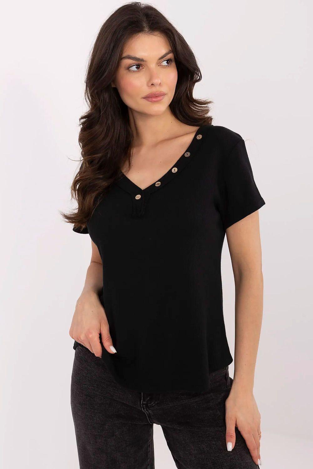 Black V-neck blouse with short sleeves and buttoned neckline, side slits