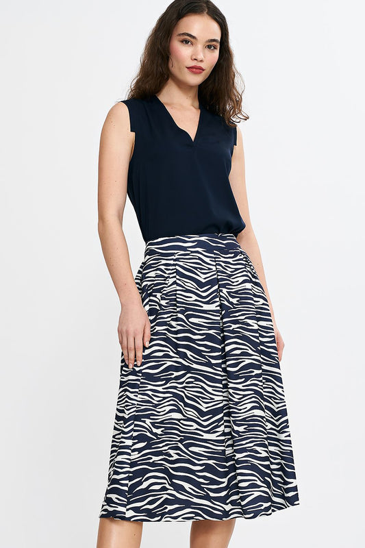Pleated midi zebra-print skirt in dark navy and white stripes
