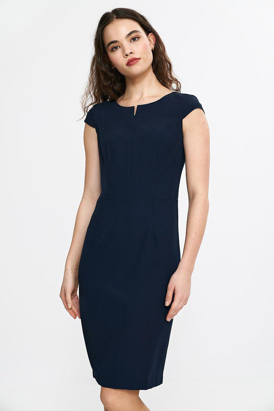 Navy blue cap-sleeve sheath daydress with small keyhole neckline