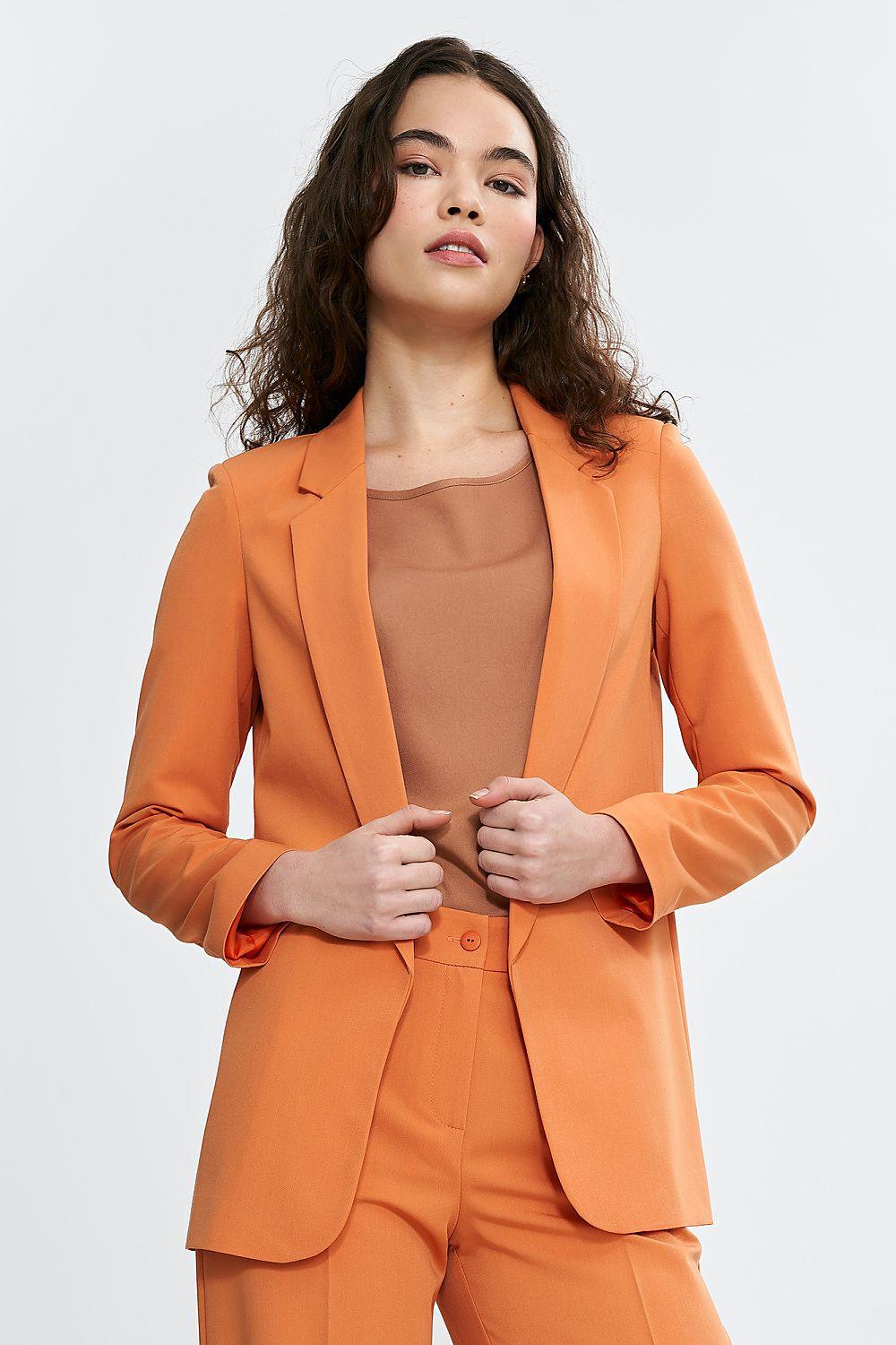 Orange women’s blazer jacket with notched lapels, long sleeves, single-breasted front