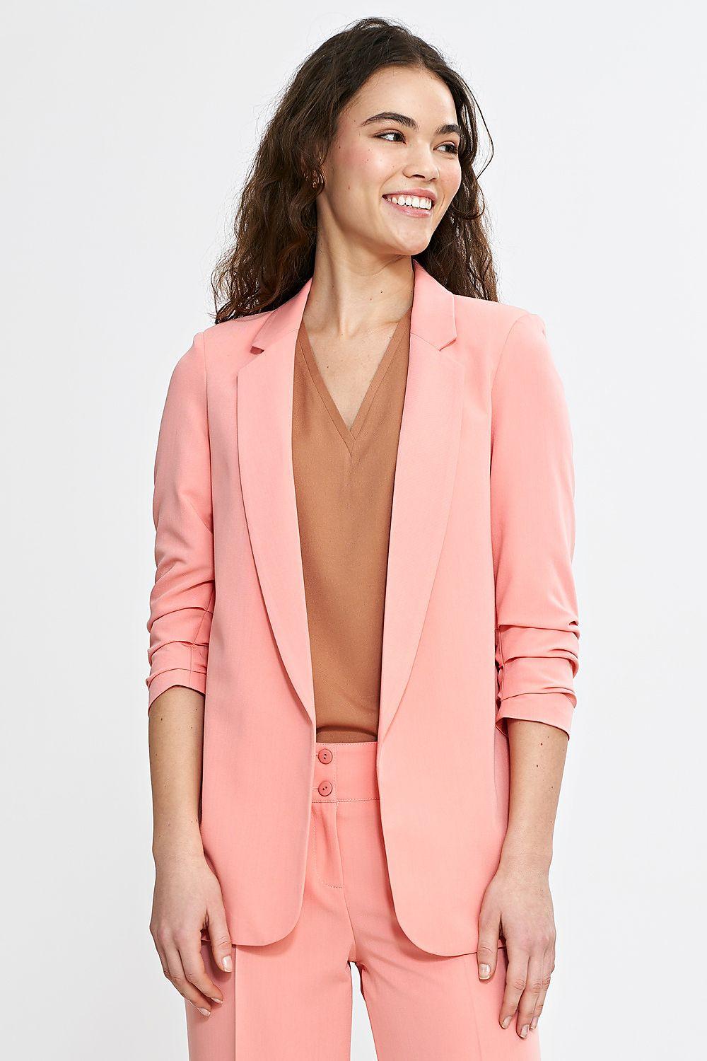 Women's pink 3/4 sleeve blazer with notch lapels, single-button front, side pockets