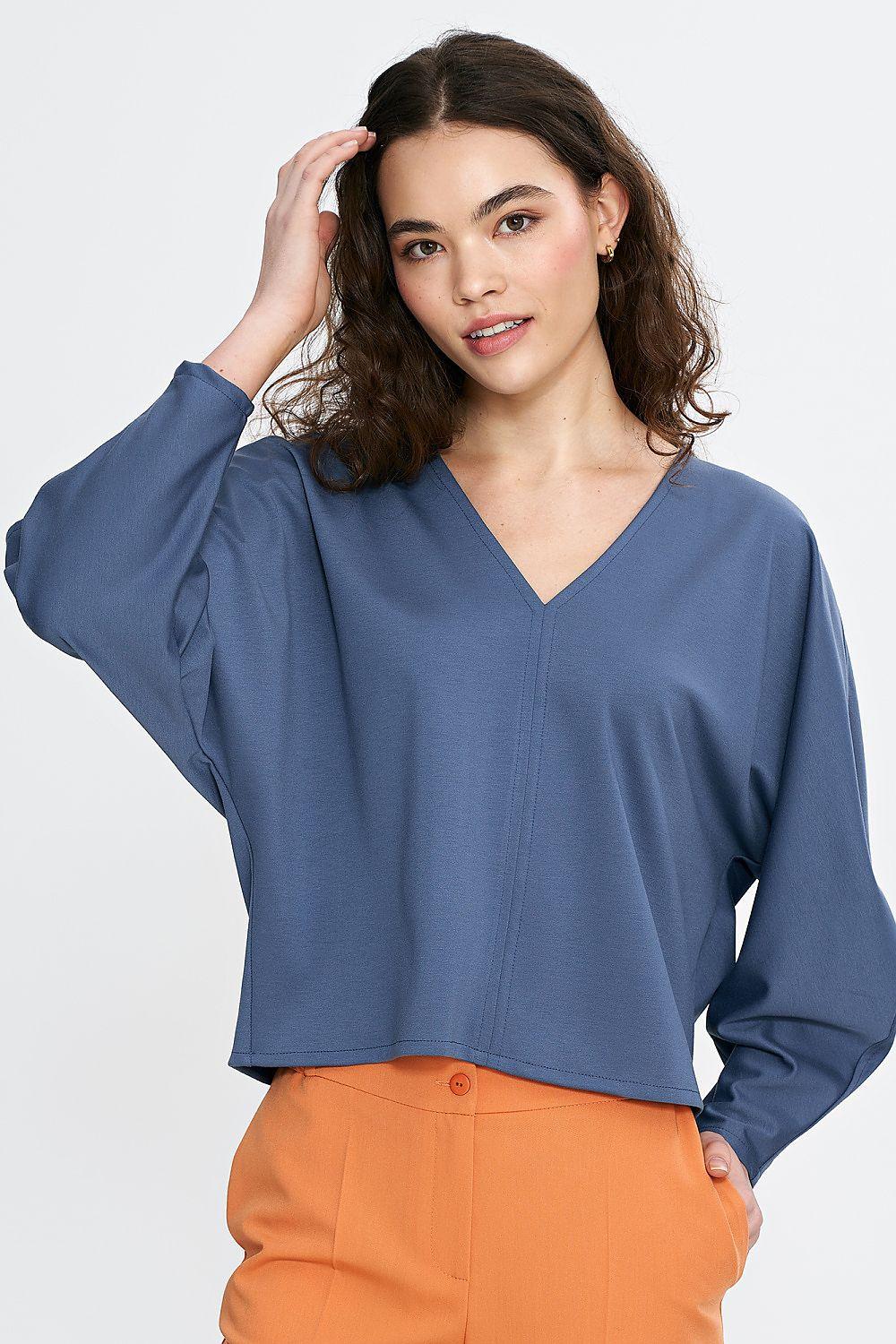 Nife blouse model 210087 blue V-neck with long sleeves, loose fit