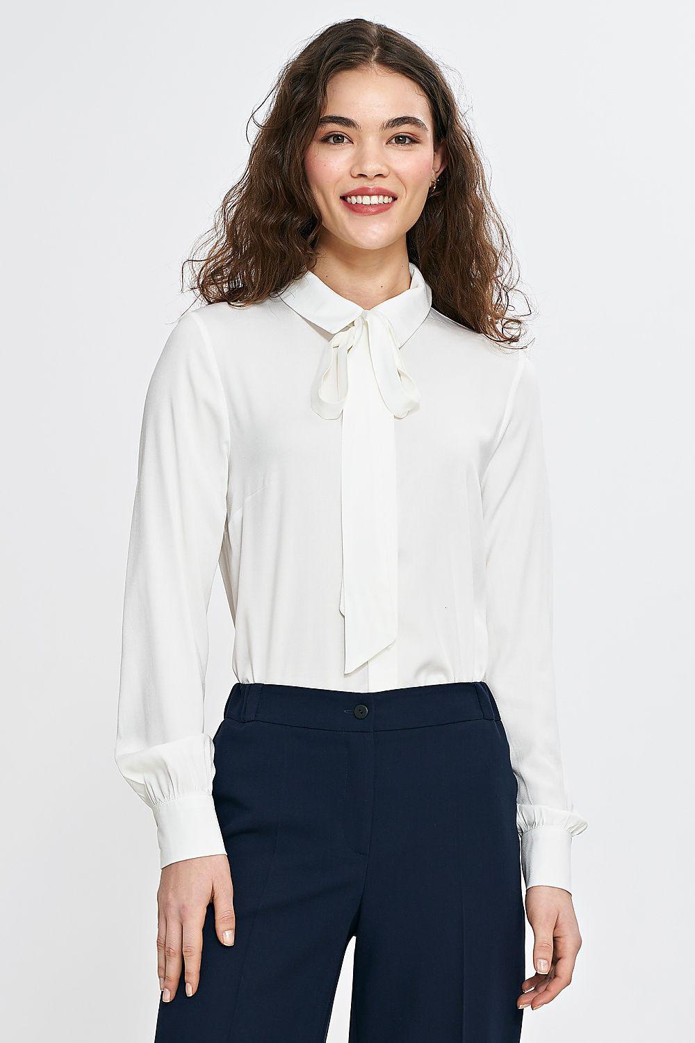 White button-up shirt with bow tie neck, long sleeves and buttoned cuffs