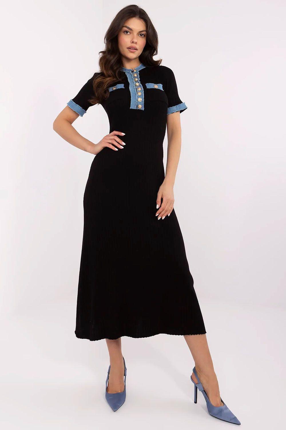 Black knitted midi daydress with blue trim and button-front placket, short sleeves