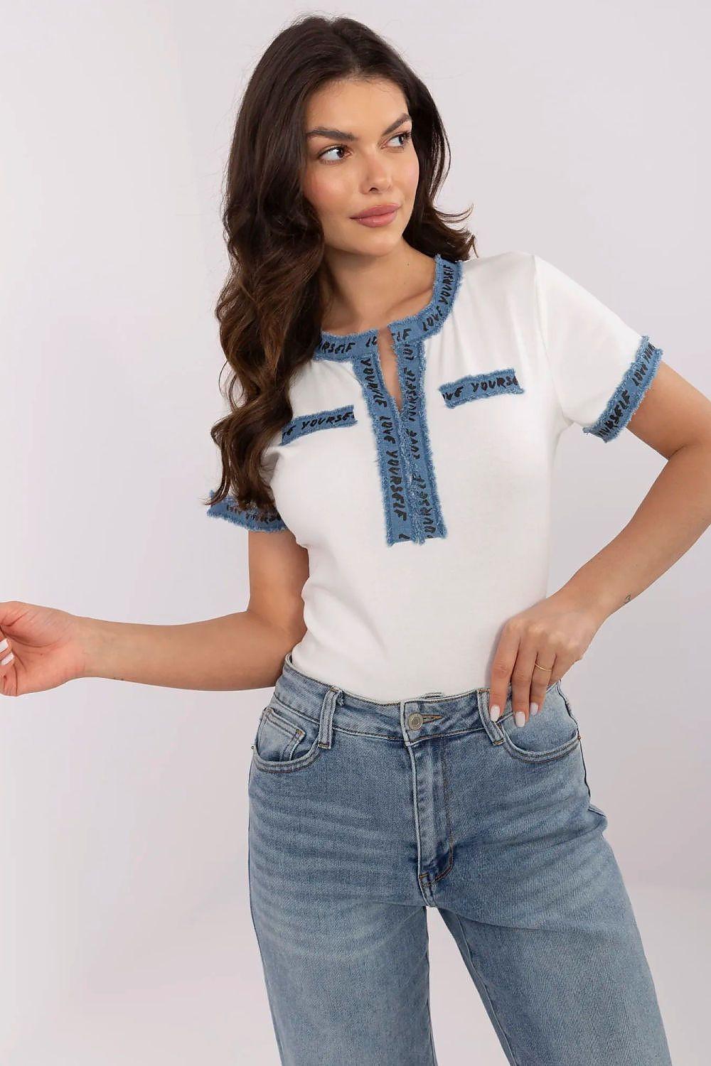 Denim-trimmed cotton blouse, off-white with blue stitched trim at neckline