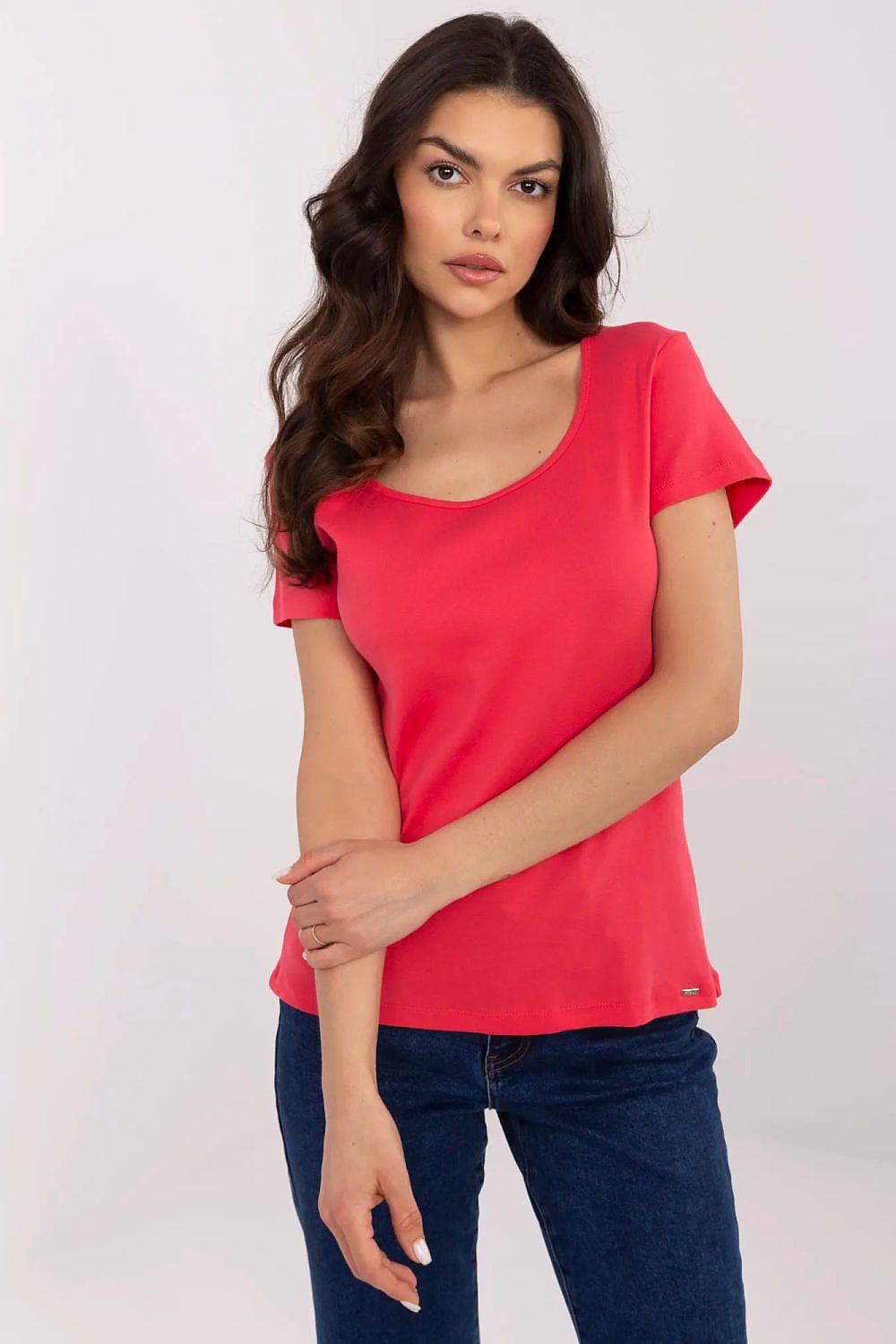 Women’s crew-neck t-shirt, red, short sleeves, cotton-blend fabric