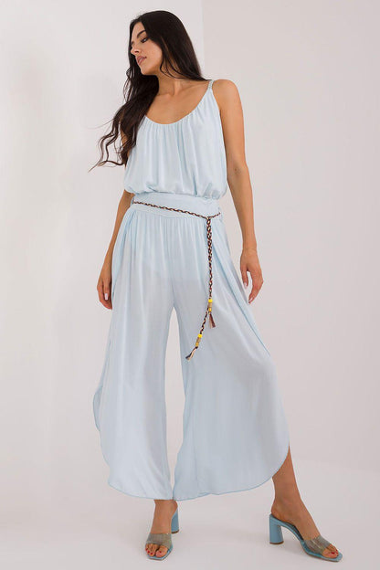 Women's trousers model 179025 Och Bella, light blue wide-leg pants with belt chain