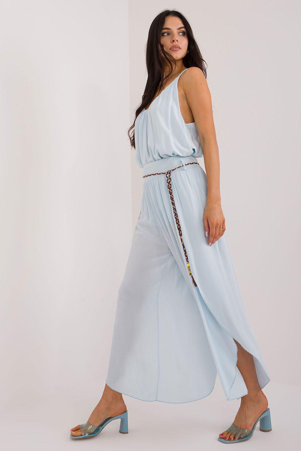 Women's wide-leg trousers model 179025 Och Bella, light blue with waist tie and drape