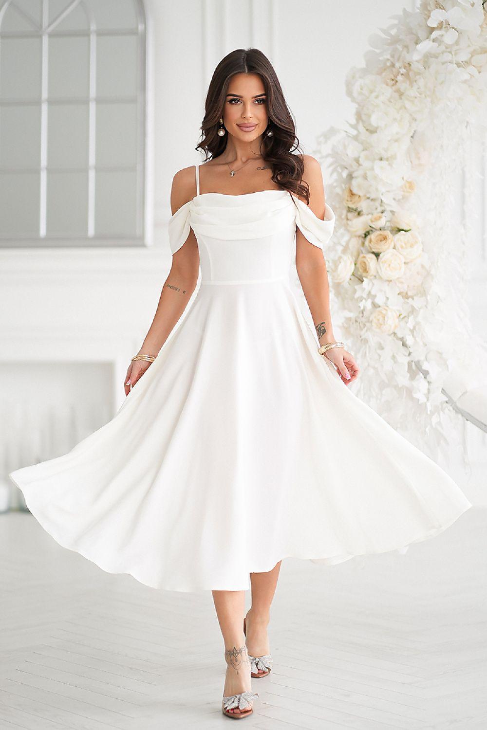 White off-shoulder midi evening dress with sleeveless bodice and full flared skirt