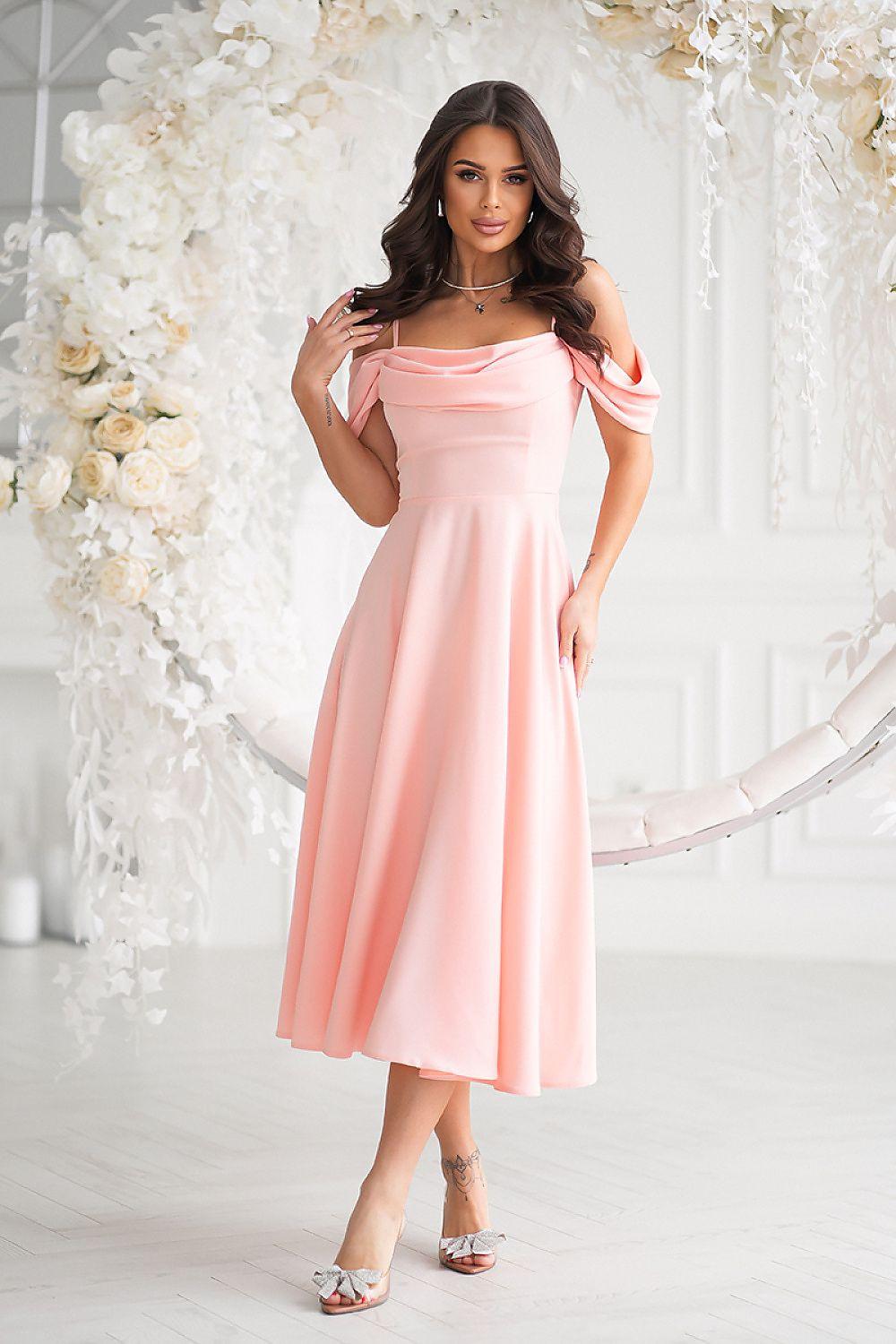 Blush pink midi evening dress with spaghetti straps and flowing A-line skirt