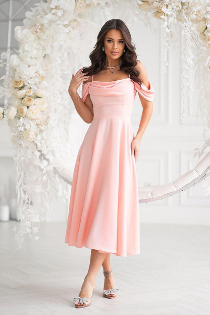 Blush pink midi evening dress with spaghetti straps and flowing A-line skirt