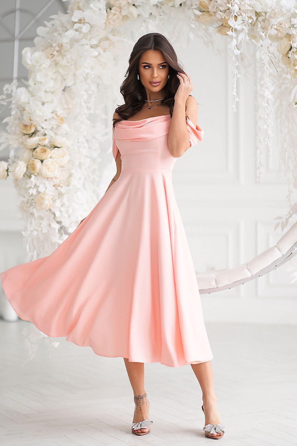 Blush pink midi evening dress with wide straps and flared skirt with gathered waist