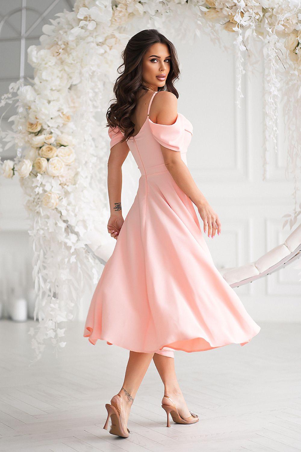 Pale pink midi evening dress with spaghetti straps and softly flared skirt