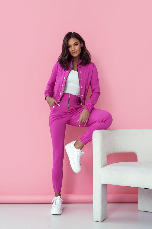 Women's fuchsia jacket and jogger pants set, snap buttons, drawstring waist