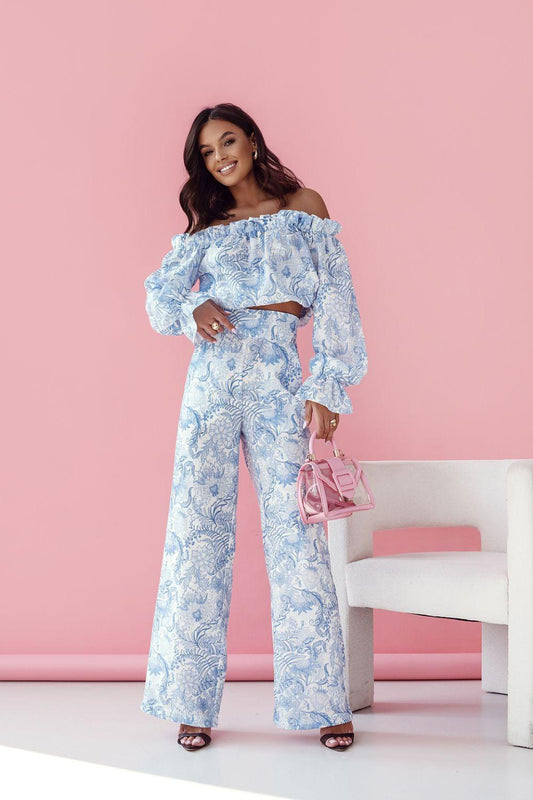 LaBalancia outfit set in light blue, off-shoulder smocked crop top and wide-leg pants