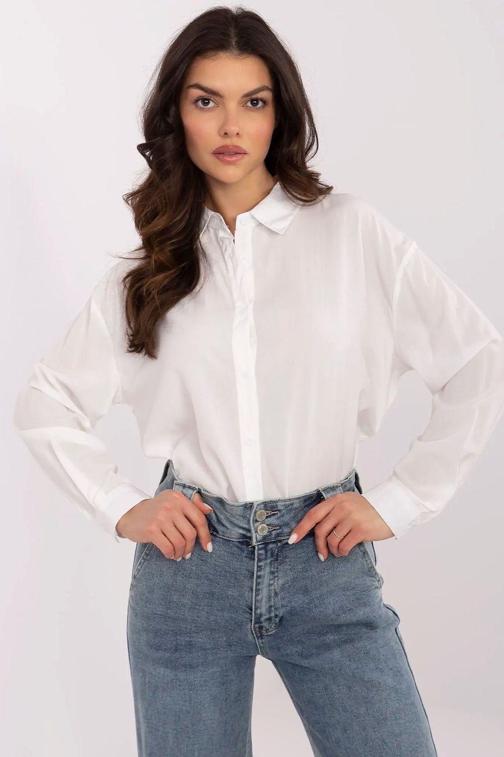 Women’s long-sleeve button-up shirt, crisp white, front button placket and collar