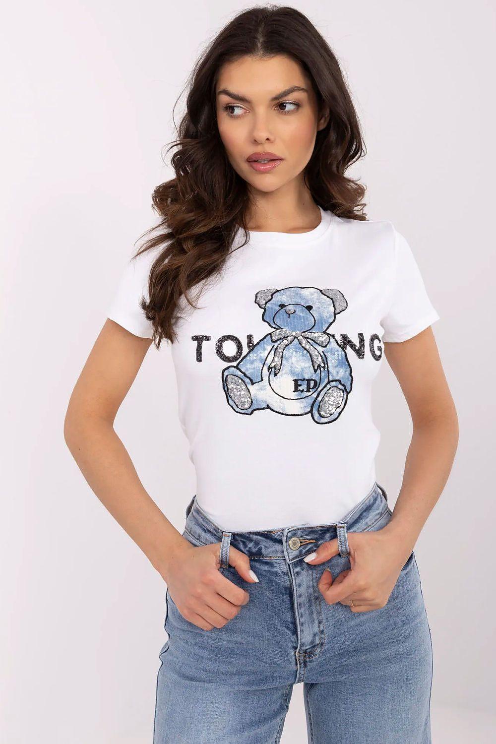 White women’s T-shirt with teddy bear graphic embroidery and short sleeves