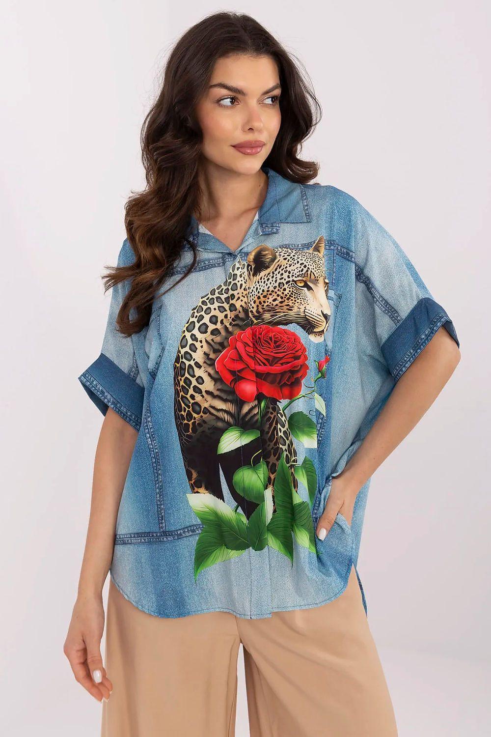 Blue denim-style long sleeve shirt with front leopard and rose graphic print