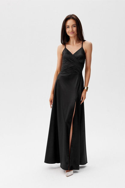 Roco Fashion long dress in black with V-neck spaghetti straps and side slit