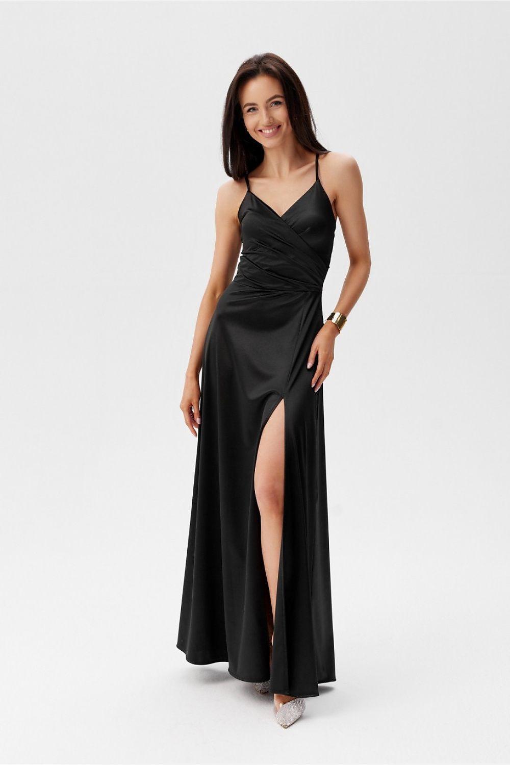 Roco Fashion long dress in black with V-neck spaghetti straps and deep front slit