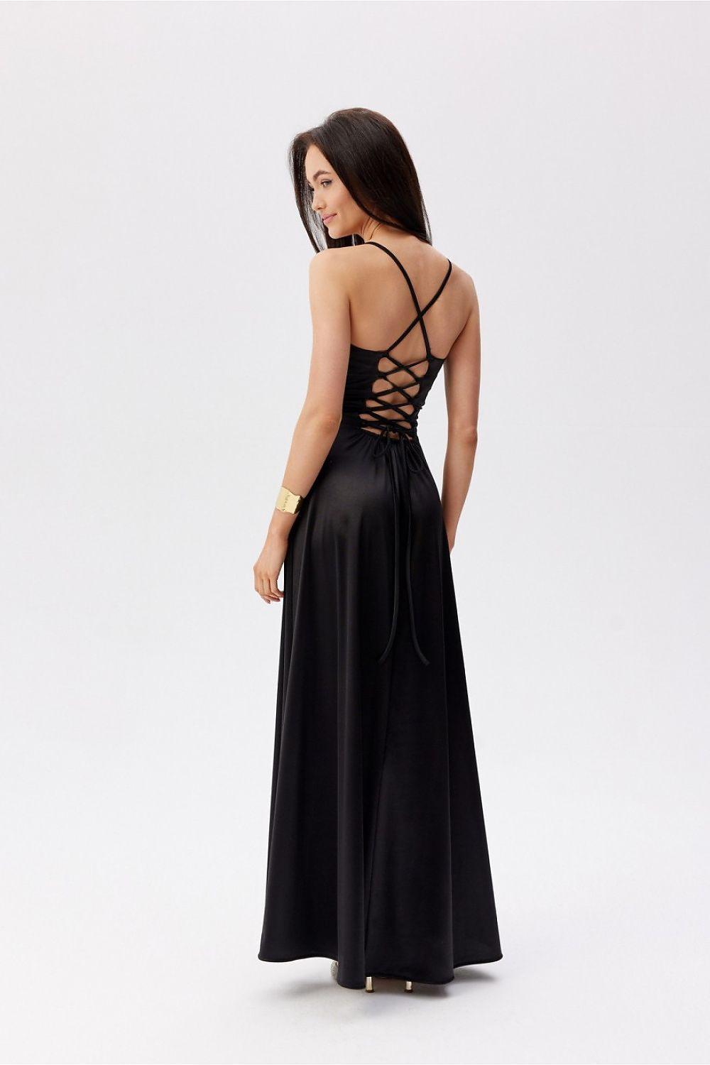 Roco Fashion long dress in black with crisscross open back straps