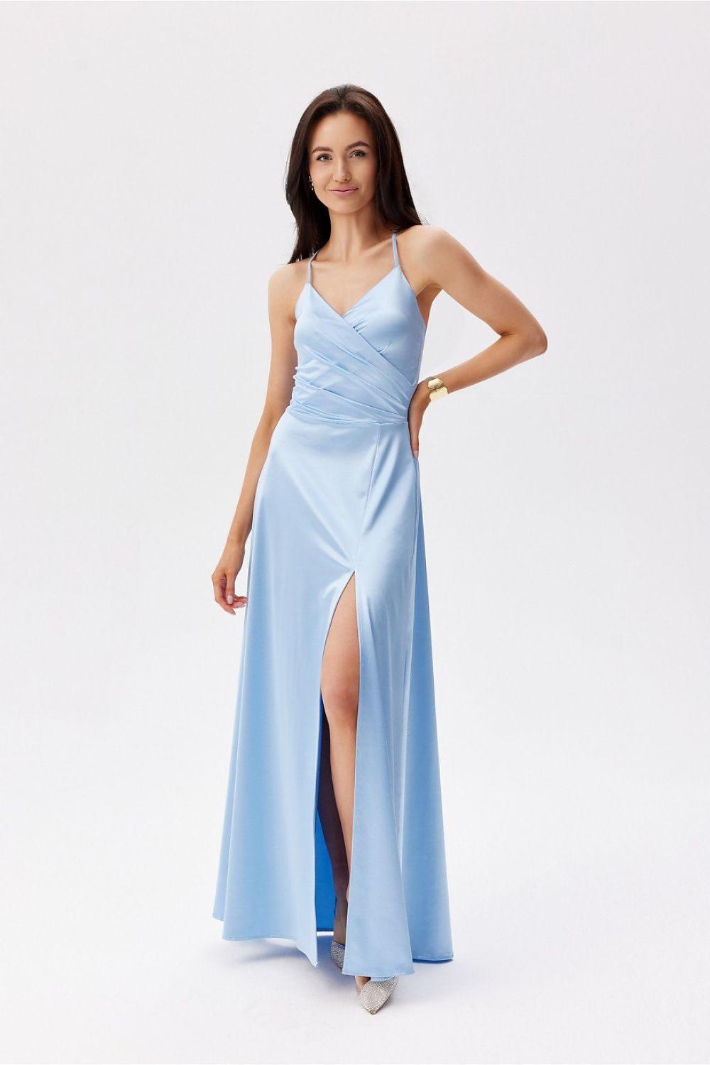 Roco Fashion long dress in light blue with V-neck spaghetti straps and front slit