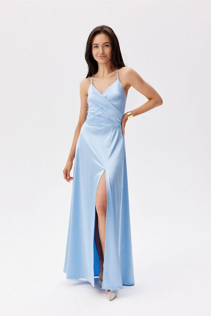 Roco Fashion long dress in light blue with V-neck spaghetti straps and front slit