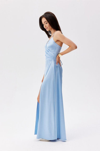 Roco Fashion long dress in light blue with V-neck spaghetti straps and side slit