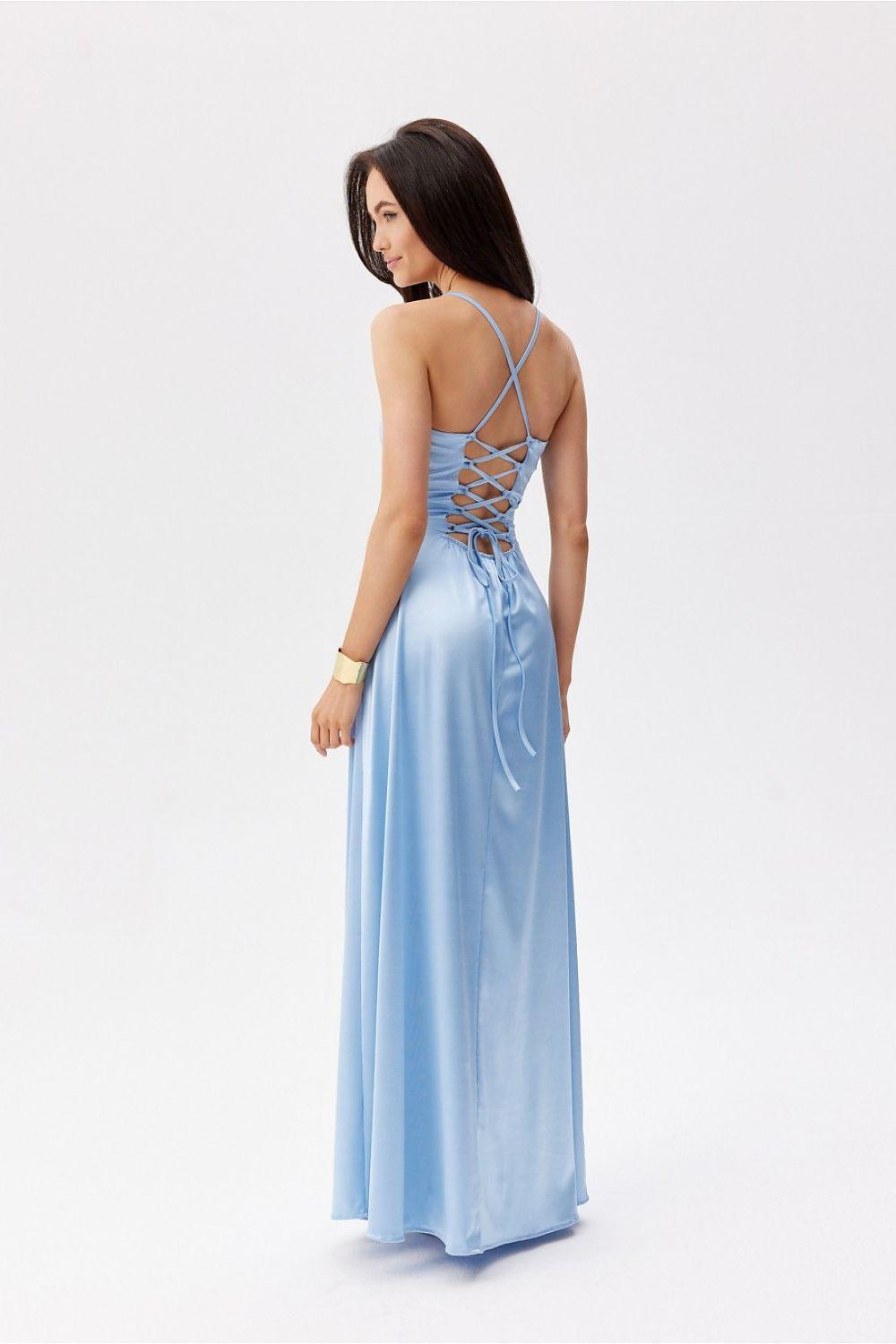 Roco Fashion long dress in light blue with crisscross open back straps