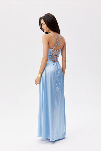 Roco Fashion long dress in light blue with crisscross open back straps