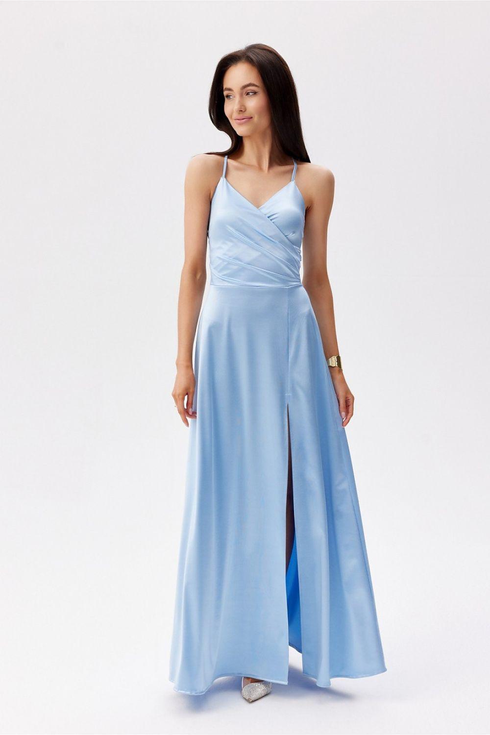 Roco Fashion long dress in light blue with V-neck spaghetti straps and center front slit