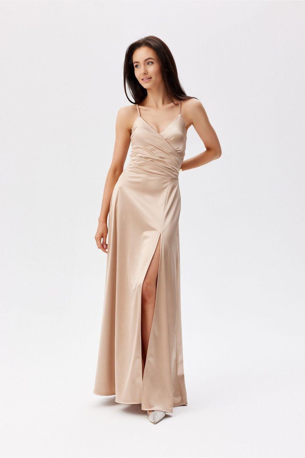Beige long satin dress with spaghetti straps and ruched bust, side slit