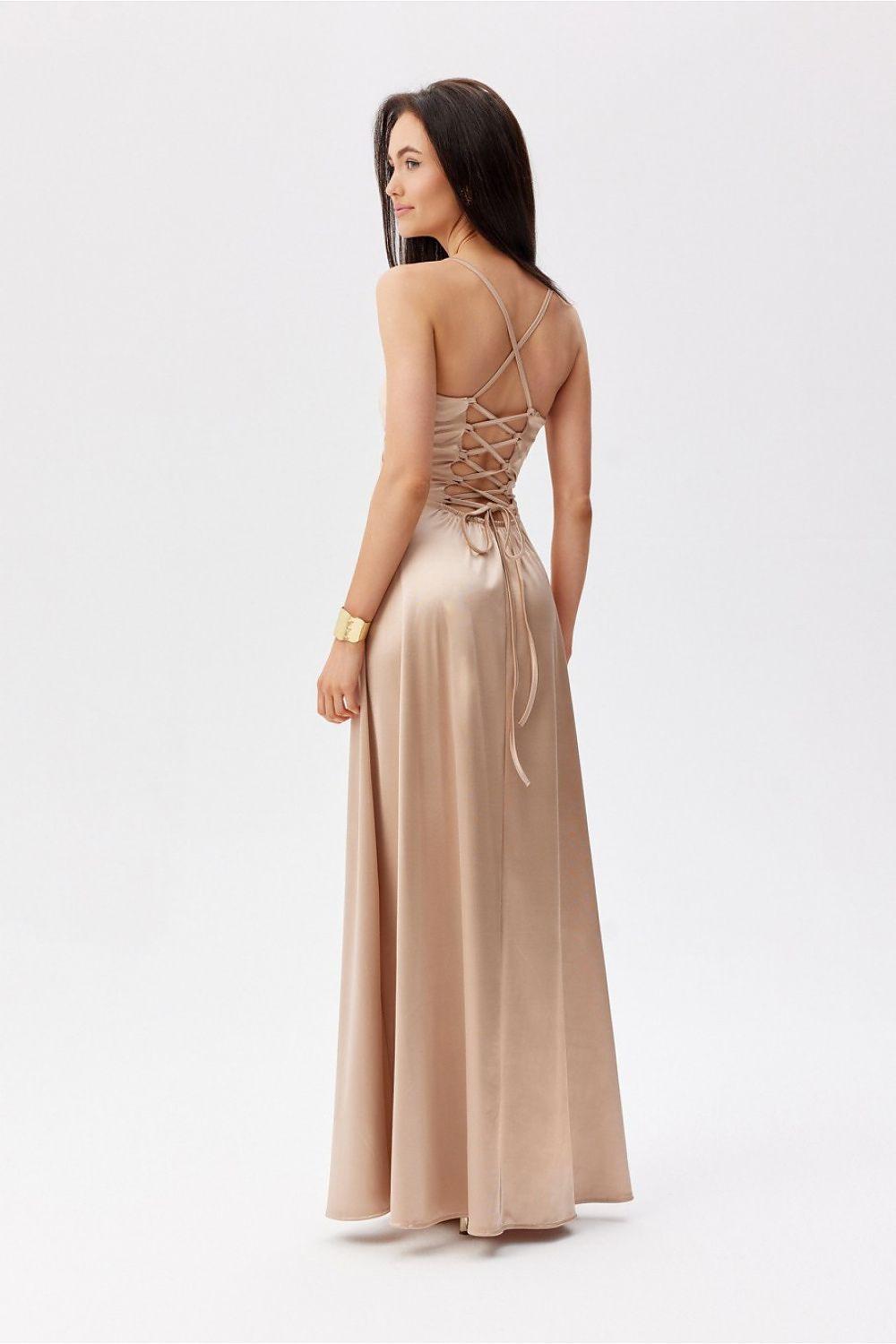 Beige long dress with crisscross lace-up open back and spaghetti straps