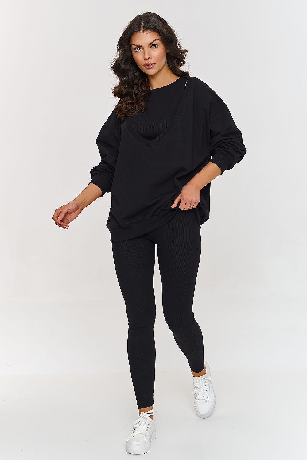 Women's black sweatsuit set with pullover hoodie and jogger pants