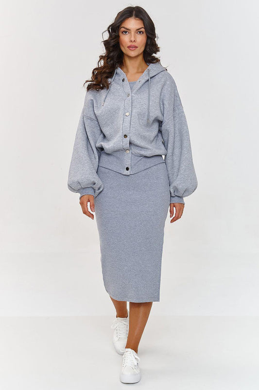 Makadamia two-piece set in blue-gray: button hoodie and midi pencil skirt
