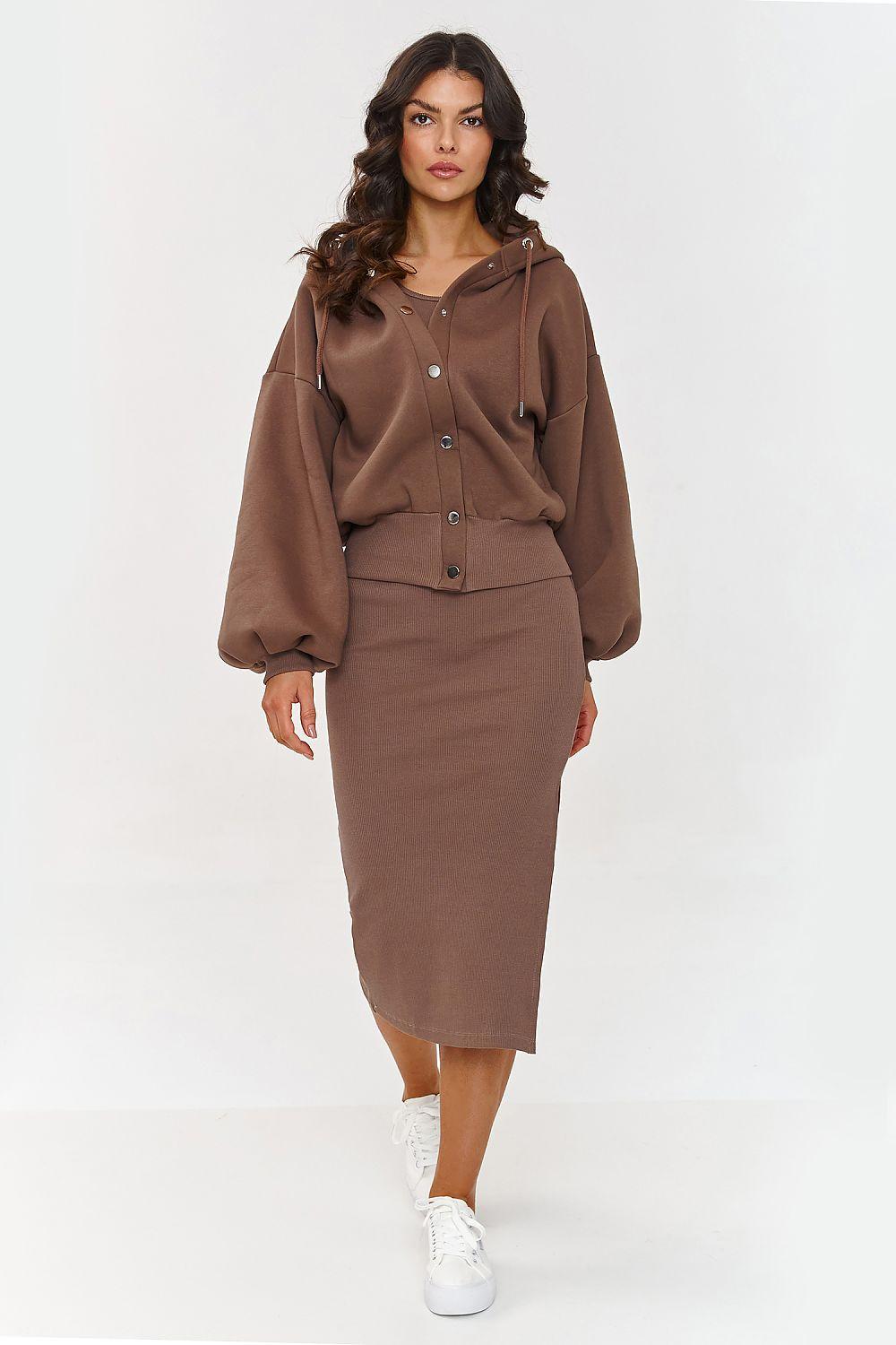 Makadamia hoodie and midi skirt set in brown, buttoned hooded top and fitted skirt