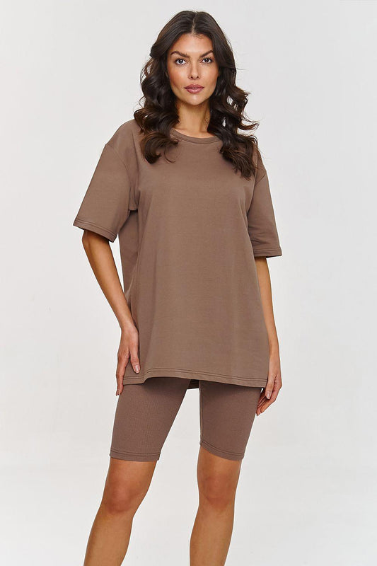 Brown short-sleeve tunic and biker shorts set, relaxed fit, crew neck