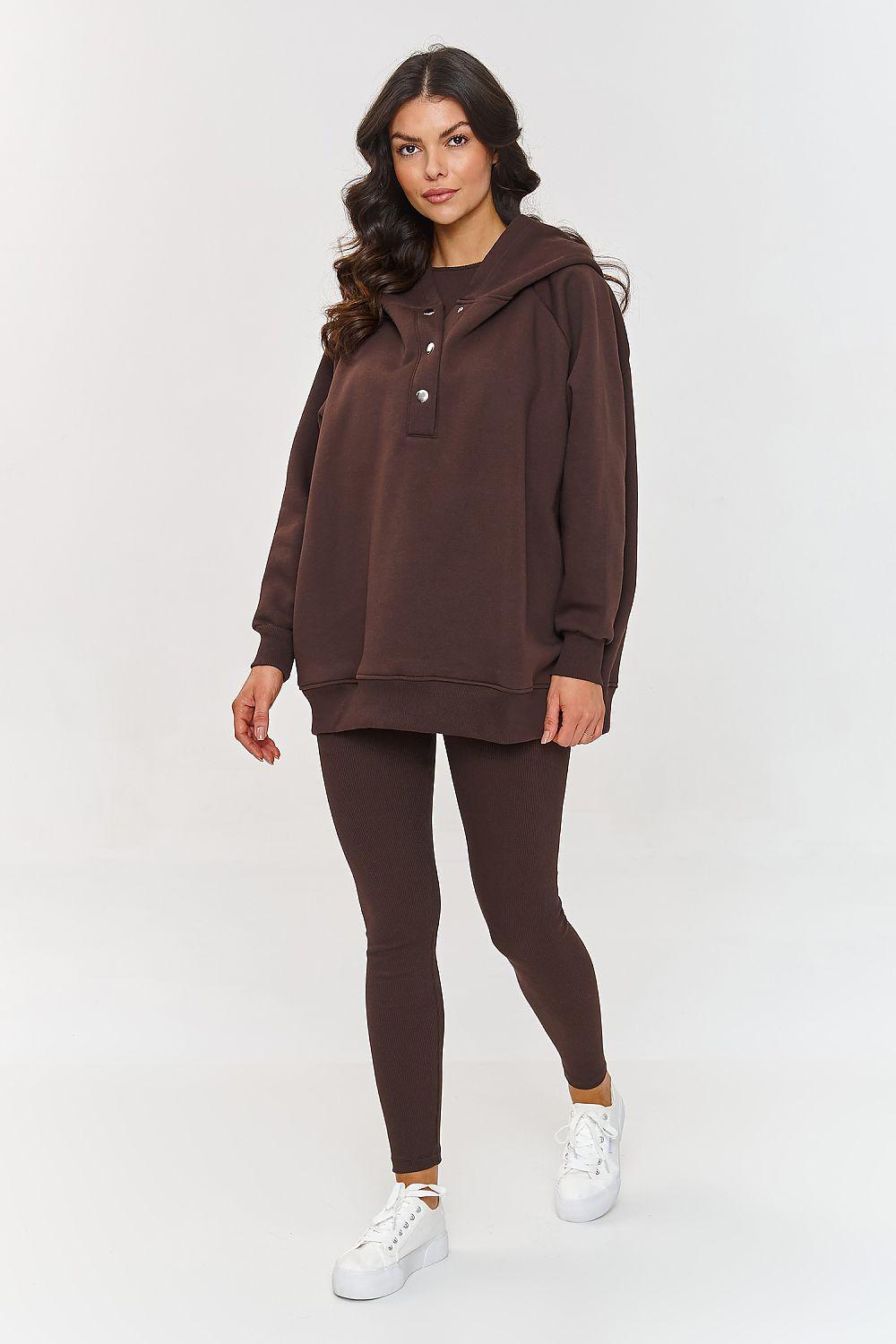 Brown hooded lounge pullover with front buttons and matching leggings