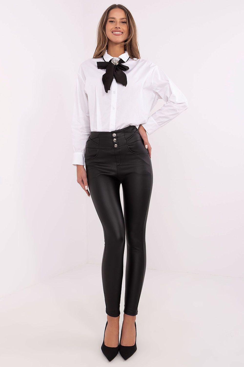 High-waist black skinny leatherette trousers with button front and belt loops