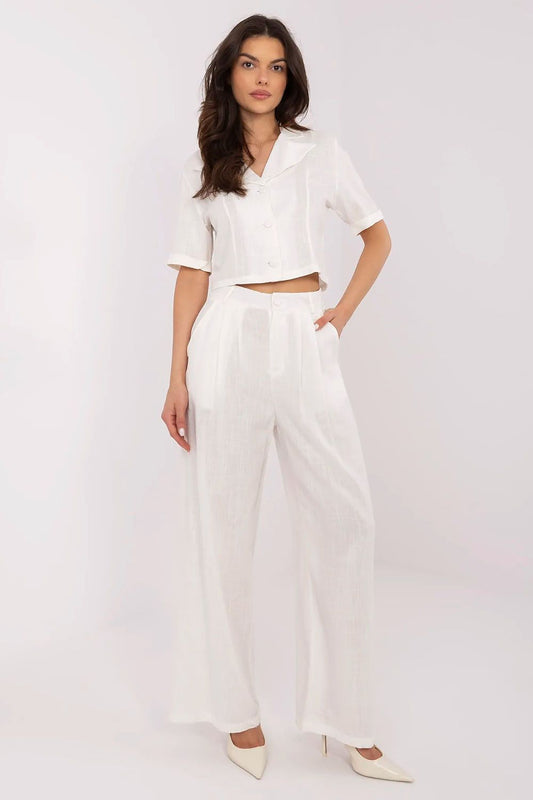 White linen-blend short shirt and wide-leg pants set with V-neck and tie waist
