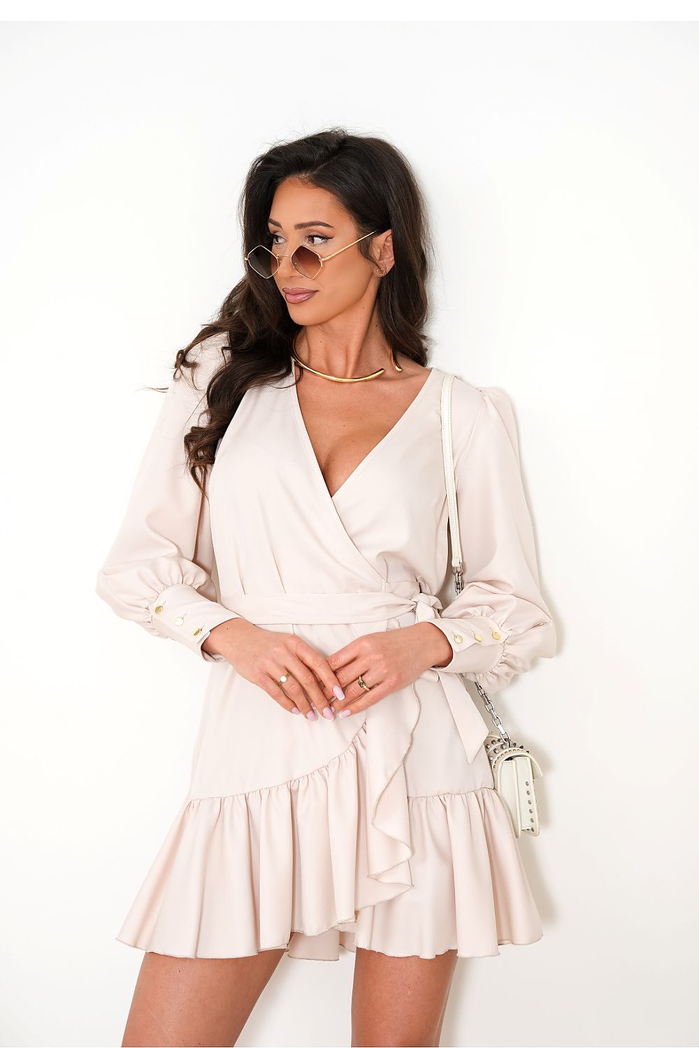 LaBalancia daydress, cream wrap-style V-neck with long sleeves and tiered hem