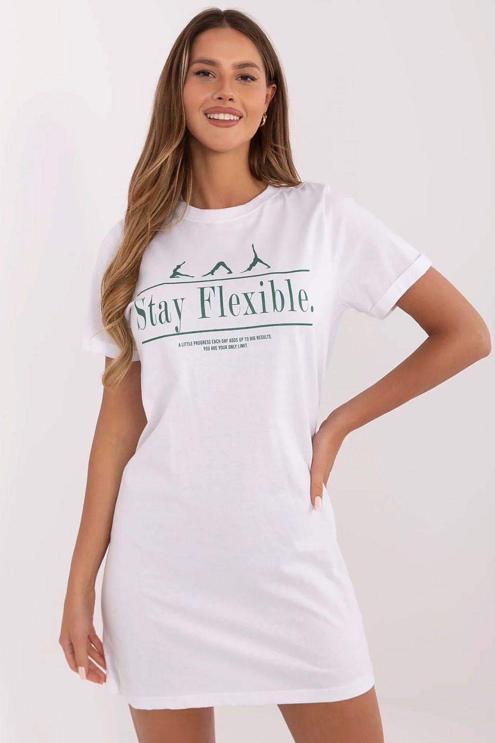 White cotton daydress with crew neck, short sleeves, and printed front graphic