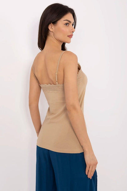 Beige camisole top back view with spaghetti straps and lace-trim hem