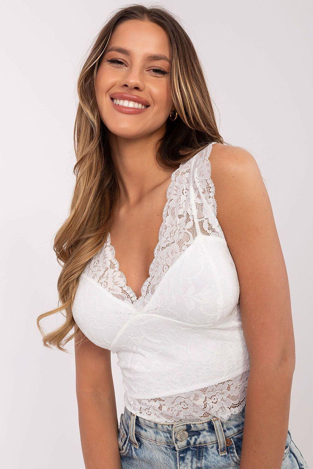 White lace crop top with V-neck and scalloped trim, sleeveless
